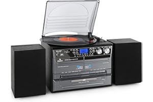 Auna Tocadiscos de Vinilo Vintage, Incluye Altavoces con Sistema Estéreo para Musica AUX, Reproductor Retro con CD, Radio Dab, USB