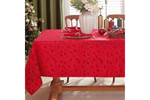 SASTYBALE Christmas Tablecloth Rectangle, Spillproof and Wrinkle Resistant Jacquard Table Cloth with Holly Leaves Patterns for Dining Room & Holiday Decoration (Red, 152 x 213 cm (6-8 Seats))