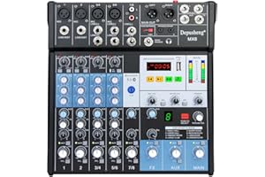 Depusheng MX8 Professional Audio Mixer Sound Board Console 8-Channel DJ Controller Sound Mixer w/ 3-Band EQ, USB Recording Interface, Bluetooth, 48V Phantom Power, Ideal For Live Streaming
