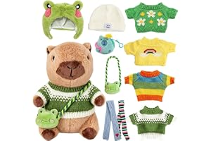 Capybara plyschdjur med kläder och accessoarer, 23 cm Capybara gosedjur, söt Capybara plysch, klä upp Capybara plyschdjur med hatt 4 kläder 2 fickor byxor (F)