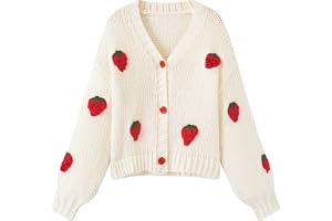 Xunger Stickad damtröja med jordgubbströja, estetisk kawaii-cardigan för tonårstjejer, Y2K, blommig skoluniform ytterkläder