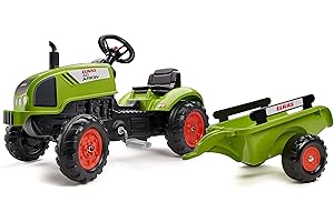 FALK - Tracteur à pédales Claas avec remorque - Dès 2 ans - Fabriqué en France - volant directionnel avec klaxon - 2041C, Vert Kaki