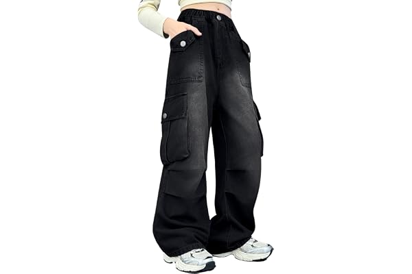 Rolanko Baggy Cargo byxor för flickor, elastisk hög midja, raka byxor med vida ben med flera fickor