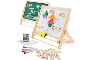 ORTONPARK Art Easel for Kids, Wooden Toddler Kid Easel Foldable Double Sided Blackboard and Whiteboard, Drawing & Learning Board for Children with Magnetic Boards Shapes Letters Numbers and Pens