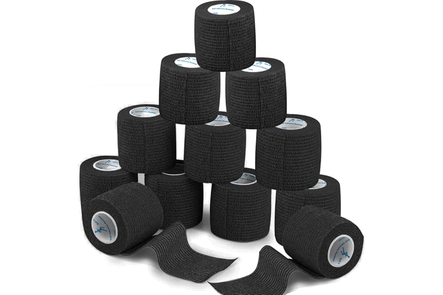 ANAMPION 12 Rolls Self-Adhesive Football Sock Tape 5cm x 4.5m Self Adherent Cohesive Bandages Wrap First Aid Athletic Sports Tape for Wrist Ankle Pet & Vet Wrap for Dogs, Horse (Black)