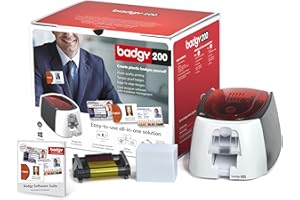 Badgy EVOLIS Imprimante Badgy200 + 1 Ruban Couleur 100 Impressions + 100 Cartes PVC épaisses + Logiciel Badge Studio+, Rouge