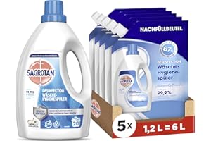 ‎SAGROTAN Sagrotan Wäsche-Hygienespüler Frisch, Waschmittel-Zusatz - 1,5 L & Sagrotan Wäsche-Hygienespüler Himmelsfrische Nachfüller 5 x 1,2l