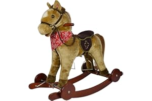 MONDIAL TOYS Cavallo a Dondolo per Bambini da 36 a 72 Mesi Cavalcabile in Legno e Peluche con Rotelle Suoni e Movimenti Realistici Marrone chiaro