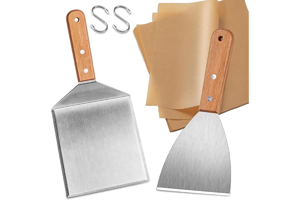Set med 2 grillspatel i rostfritt stål, planchaspatel för smashburgare | köksspatel, grillvändare, hamburgarvändare, för teppanyaki BBQ-grillspateltillbehör, med 20 hamburgarpapper, 2 S-krokar