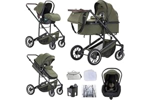 Lnhcrbs Poussette 3 en 1, Vert - Ensemble Pushchair Et Siège Auto, Poussette Bebe Confort Avec Poignée Réglable, Cosy Nacelle Nouveau-Né Et Siège Auto Avec Couvre-Pieds, 0-4 Ans