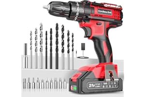 CEEIGOO Cordless Drill Driver 21V, Cordless Hammer Drill with Battery 2000mAh, 25+3 Torque, 42N.m Max, 22PCS Accessories, 2 Speed, LED Light