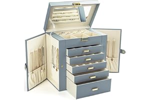 KAMIER Pudełko na biżuterię dla kobiet, 6-warstwowe duże pudełko na biżuterię z lustrem i 5 szufladami na pierścionki, kolczyki, naszyjniki, bransoletki, niebiesko-szare