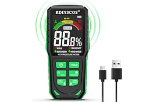 RDINSCOS Pinless Moisture Meter for Wall Rechargeable Damp Meter with Color Display and Audible Alarm,Non-Destructive Moisture Detector for Wall,Masonry,Wood,Building Material