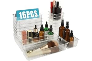 DAJAVE 16 Pcs Drawer Organiser Set, Clear Desk Organiser Drawers 5 Sizes Makeup Drawer Organiser Vanity Drawer Organiser Trays for Makeup, Kitchen Utensils, Bedroom Office Organiser