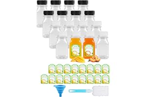 CoKeeSun 16 Pcs Juice Bottles 120ml/4oz Shot Bottles with Lids Reusable Mini Plastic Bottles Set with Funnel, Cleaning Brushes, Stickers for Storing Drinks, Milk, Wine (Black + White Lids)