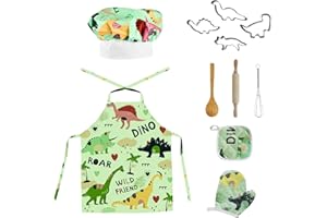 Wisebom Juego de Cocina para Niños Disfraces de Chef, 11Pcs Utensilios Cocina Dinosaurio Delantal Gorro de Cocinero Guantes Rodillo, Juguetes de Cocina para Niños Niñas (Verde)
