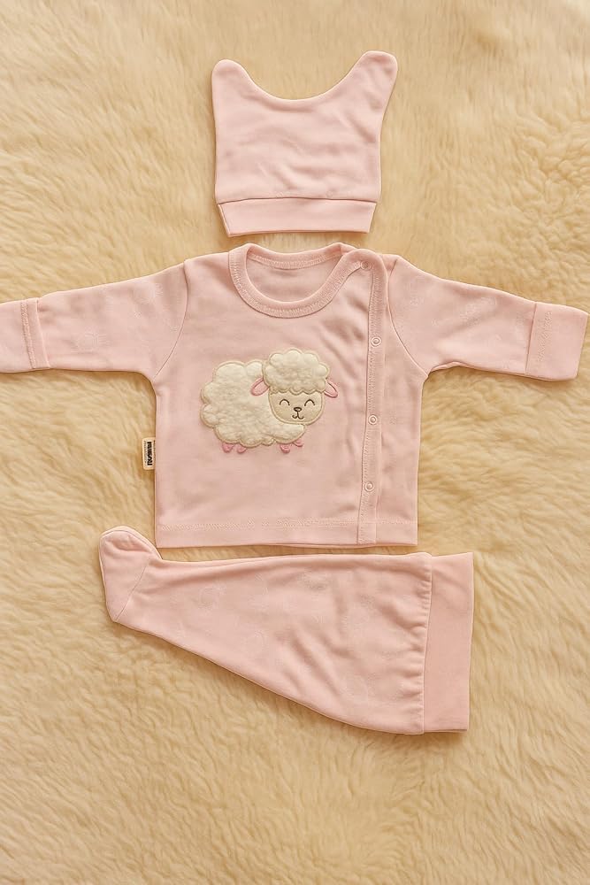 MYZİ STORE%100 Pamuk 3'lü Hastane Çıkışı 0-3 Ay Patikli Alt Uzun Kollu Kendinden Eldivenli Üst Kulaklı Şapka Pembe Kuzu 0-3 AY