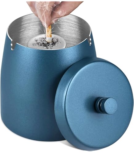 Posacenere, posacenere con coperchio (10 × 9 × 10 cm), posacenere in acciaio inox per esterni, posacenere a vento, posacenere con fondo antiscivolo per interni ed esterni (nero