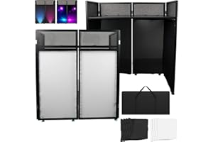 WUDLEP Portable DJ Booth, 108 x 53.5x 118 cm, Folding DJ Booth Facade Screen System with Black and White Scrims, DJ Facade Table Station with Cable Hole, for Party, Events, Weddings