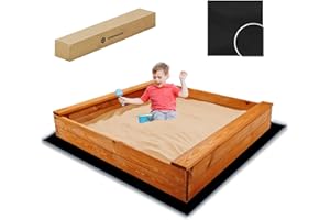 Arenero de madera de 120 x 120 cm con bancos, gran caja de arena abierta para niños, impregnada ecológicamente, con geotextil y bordes redondeados, SPRINGOS