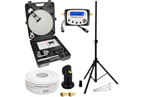 PremiumX Camping Satelliten-Anlage Mobile Antenne im Koffer Single LNB TV SAT-Finder 10m Koaxial-Kabel F-Stecker Dreibein Stativ