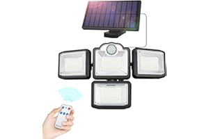 Luce Solare LED Esterno, JESLED 192LEDs Faretto LED da Esterno Solare con Sensore di Movimento, 3 Modalità 4 Testa Lampada Solare da Esterno con Telecomando per Giardino Patio Garage(Cavo da 5m)