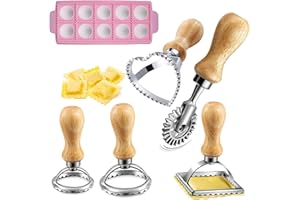WINGFLY Ravioli Stamp Maker Cutter Set, Square Round Ravioli Maker Wheel Heart Maker Mold with Wood Handle Pasta Making Kit Pastry Cutter Dumpling Maker Italian Ravioli Mould Tray for Ravioli Pasta Dumplings