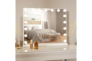 Buildonely Schminkspiegel mit Beleuchtung und Bluetooth 80x60cm, 17 LED Licht Dimmbare 3 Lichtmodi, Groß Hollywood Spiegel mit Beleuchtung, Tischspiegel, Wandspiegel, Touch Control, 10X Vergrößerung