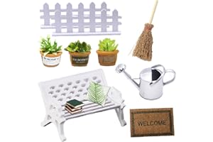 Weploda 9 Stück Möbel Deko Mini Ornament, Miniatur Gartengeräte, 3 Mini-Pflanzen, 1 Bank, 1 Besen, 1 Teppich, 1 Gießkanne, 2 Zäune. Geeignet Zum Dekorieren Von Mini-Garten