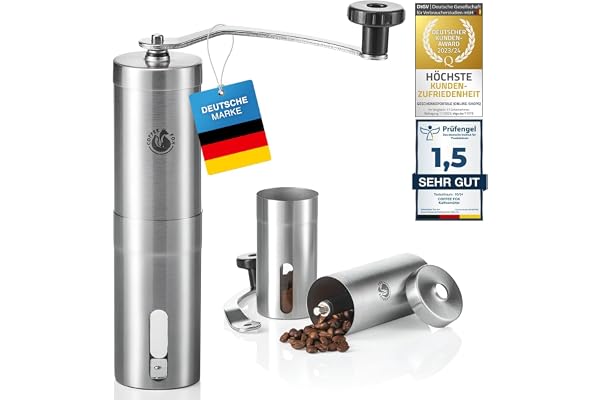 COFFEE FOX® Manuell Kaffekvarn med Keramisk Skivkvarn - Rostfritt Stål | Handkaffekvarn för hemmet, resan och kontoret - steglöst justerbar malningsgrad