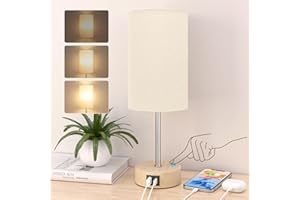 STANBOW Bedside Lamps, Touch Lamps Bedside with USB A+C Charging Ports, 3-Way Dimmable LED, Table Lamps for Living Room Bedroom Gift with Beige Shade-Wood Base (LED Bulb Included)