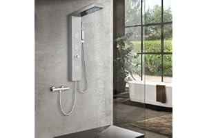 ROVOGO LED Duschpaneel ohne Armatur, Duschsäule mit 4 Funktionen, Regendusche ohne Armatur, Massagedusche, Handbrause und Wanneneinlauf für Badezimmer Dusche, Schmal Duschsäule Edelstahl Gebürstet