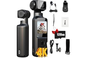 GENERIC 4K Vlogging Camera, 270° Pov Camera with External Microphone,Handheld camera Rotatable Lens,1.3" Rotatable Screen, 128GB TF Card
