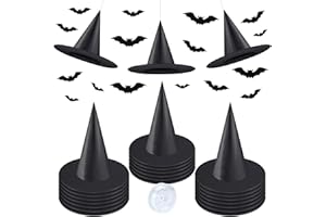 ELECLAND 20 szt. halloweenowy kostium kapelusz czarownicy czapki z wiszącymi linkami 91 cm i 16 szt. straszne naklejki nietoperz 3D, akcesoria kostiumowe na Halloween, dekoracje halloweenowe