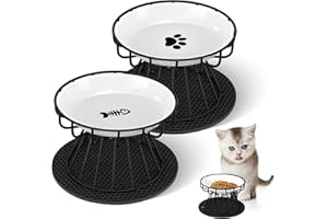 Mexgcom Katzennapf Erhöht, 2 Stück Katzennapf aus Keramik mit Napfunterlage Silikon Und Metallständer, Zervixschutz-Katzennapf, Katzennäpfe für Futter Wasser, Schwarz