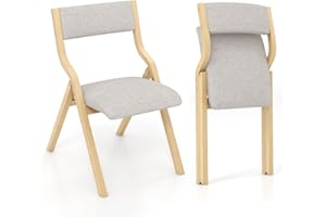GIANTEX Ensemble de 2 Chaises de Salle à Manger Pliantes, Chaises de Table en Bois avec Siège Rembourré, Dossier en Tissu de Lin, Structure en Bois Massif, pour Cuisine, Salon, Bureau (Naturel)