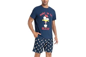 Jezonga Schlafanzug Herren Kurz Pyjama Lustig Baumwolle Shorty Nachtwäsche Zweiteilige Pyjamas mit Hahn T-Shirt und Schlafanzughose für Männer