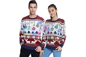 Idgreatim Pull de Noël Unisexe à LED léger en Tricot 3D imprimé Pull de Noël Ugly Christmas Chandail Jumper S-XXL