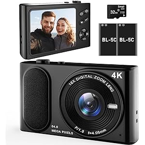 TAOQQI 4K UHD Digital Camera, 64MP Compact Point & Shoot with Autofocus, Anti-Shake, 16X Zoom, Black