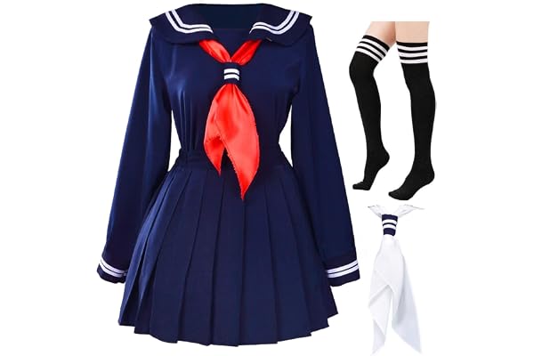 Elibelle Japanska skolflickor uniform sjöman marinblå veckad kjol anime cosplay kostymer med strumpor set (SSF13)