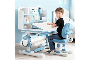‎ILKQEPPE ilkqeppe Schreibtisch Kinder, Kinderschreibtisch Höhenverstellbar, Kinder Schreibtischstuhl mit um 50° Neigbarer Tischplatte, Bücherregal und Schublade für Schlafzimmer und Arbeitszimmer