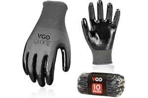 Vgo... 10 paia Guanti da Lavoro Rivestiti Nitrile, Guanti da Giardinaggio Meccanico Spalmato Poliuretano con Palmo Impermeabile, NT2110 Grigio, Taglia XL
