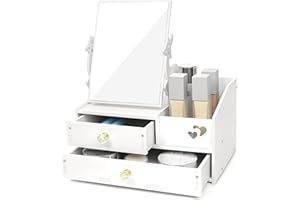 LEcylankEr Organizzatore per Il Trucco con Specchio a 360° e Cassetto, Porta Trucchi Organizer per Cosmetici, Organizzatore Trucchi in PVC Bianco, Montaggio Richiest (Specchio quadrato)