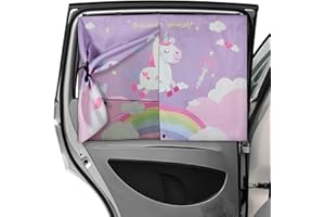 DIZA100 Car Window Shades for Baby, Double-layer Car Sun Shades Magnetic Curtain with Cute Patterns Full Shade and Half Shade Options, 1 Pack Car Sun Shade for Baby Kids Pets Blocks UV Rays(Unicorn)