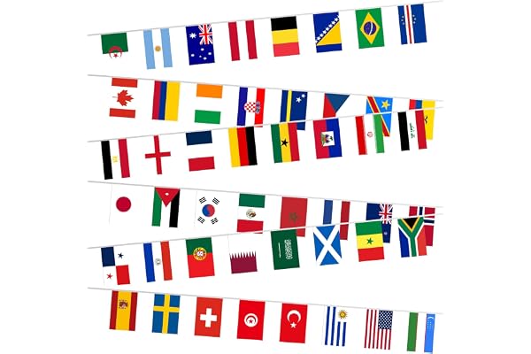Drapeau pour Coupe du Monde Décorations 2026, 48 Drapeaux du Coupe du Monde Football 2026 Bunting Double Face 12m en Tissu Polyester Guirlande pour Décor Football Fans Bar Jardin Clubs Sportifs