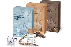 Aromahpure Premium Car Perfume Hanging Pod - Aqua, Musk, Oud Car Air Freshener Combo 10 ML Natural Fragrance Oils in Glass Bottle with Wooden Diffuser Lid Last upto 30 Days (Pack 3), IFRA certified