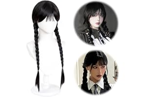 FONYET Doppelt Geflochtene Perücke Schwarz für Damen & Mädchen - Pony Zopf & Doppeltem Pferdeschwanz - Cosplay & Party Dekorationen