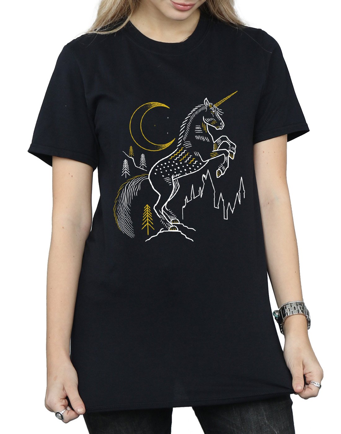 Harry-Potter-Damen-Unicorn-Line-Art-Boyfriend-Fit-T-Shirt-Schwarz-Large