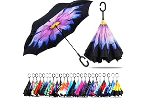 CICILIAYA Parapluie inversé pliable à double couche, support à l'envers, protection contre la pluie, parapluie inversé pour voiture avec poignée en forme de C, grand parapluie droit