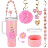 AUAUY 7PCS Accessory Set for Stanley Cups, Cup Not Included, Pink | Includes Silicone Case, Bohemian Style Woven Handle Strap